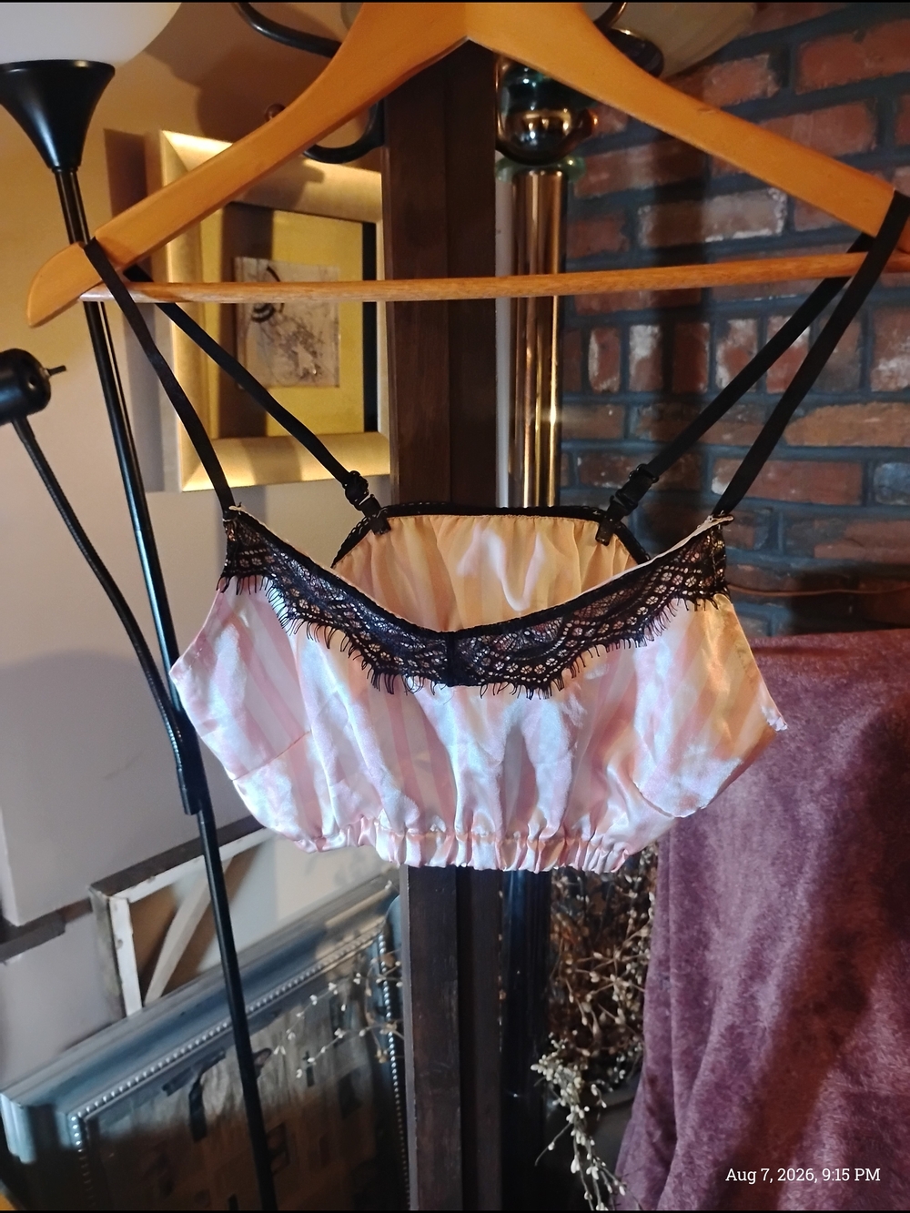SHEIN Woman's Pink/White Satin & Lace Cami Top w/ Black Straps & Trim Size S